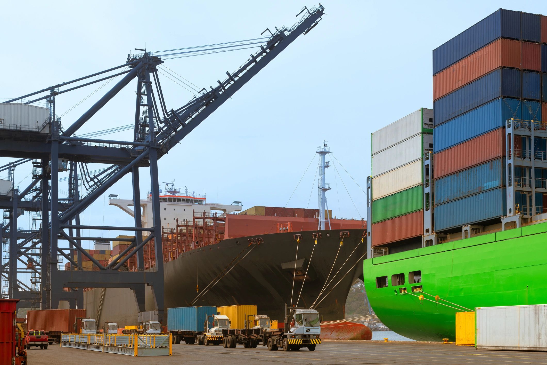 Container terminal cranes loading cargo ships