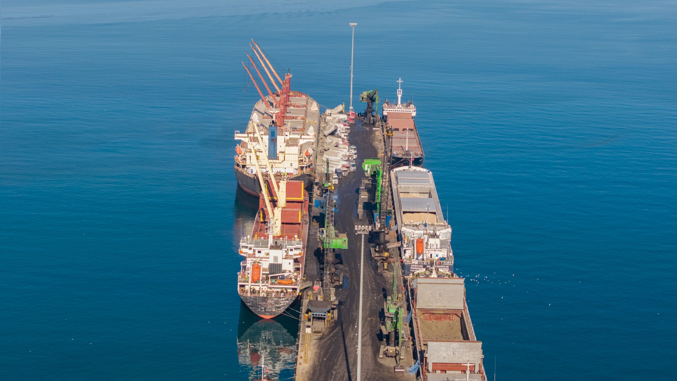 Buques de carga atracados en puerto industrial con grúas