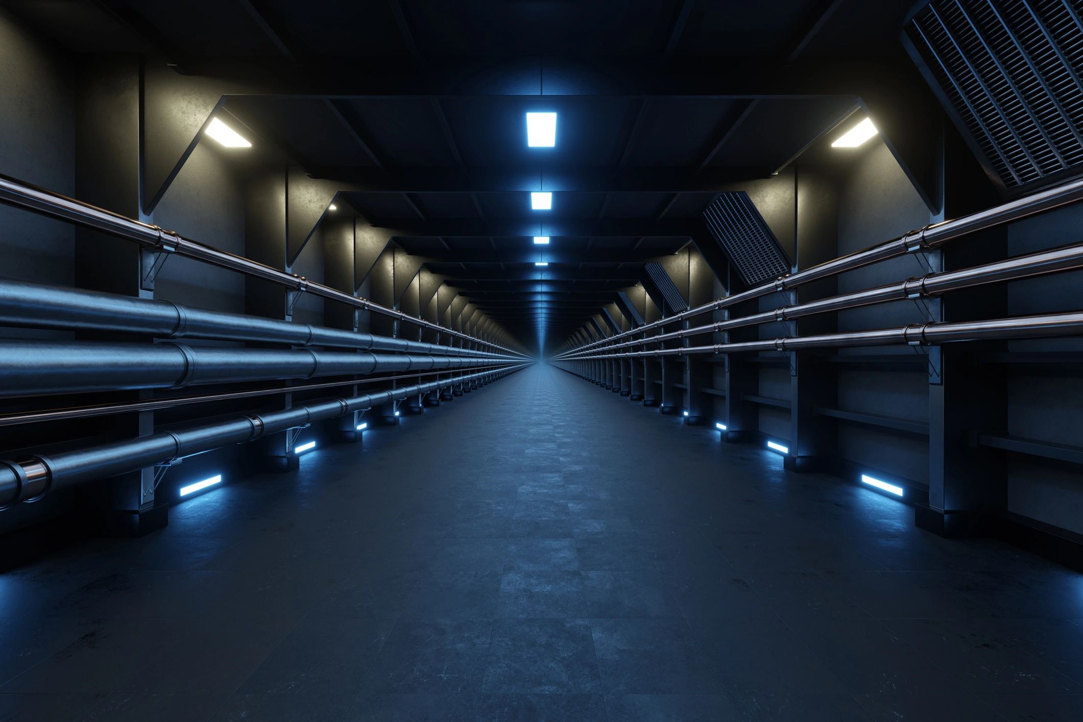 Industrial engine room corridor with pipes
